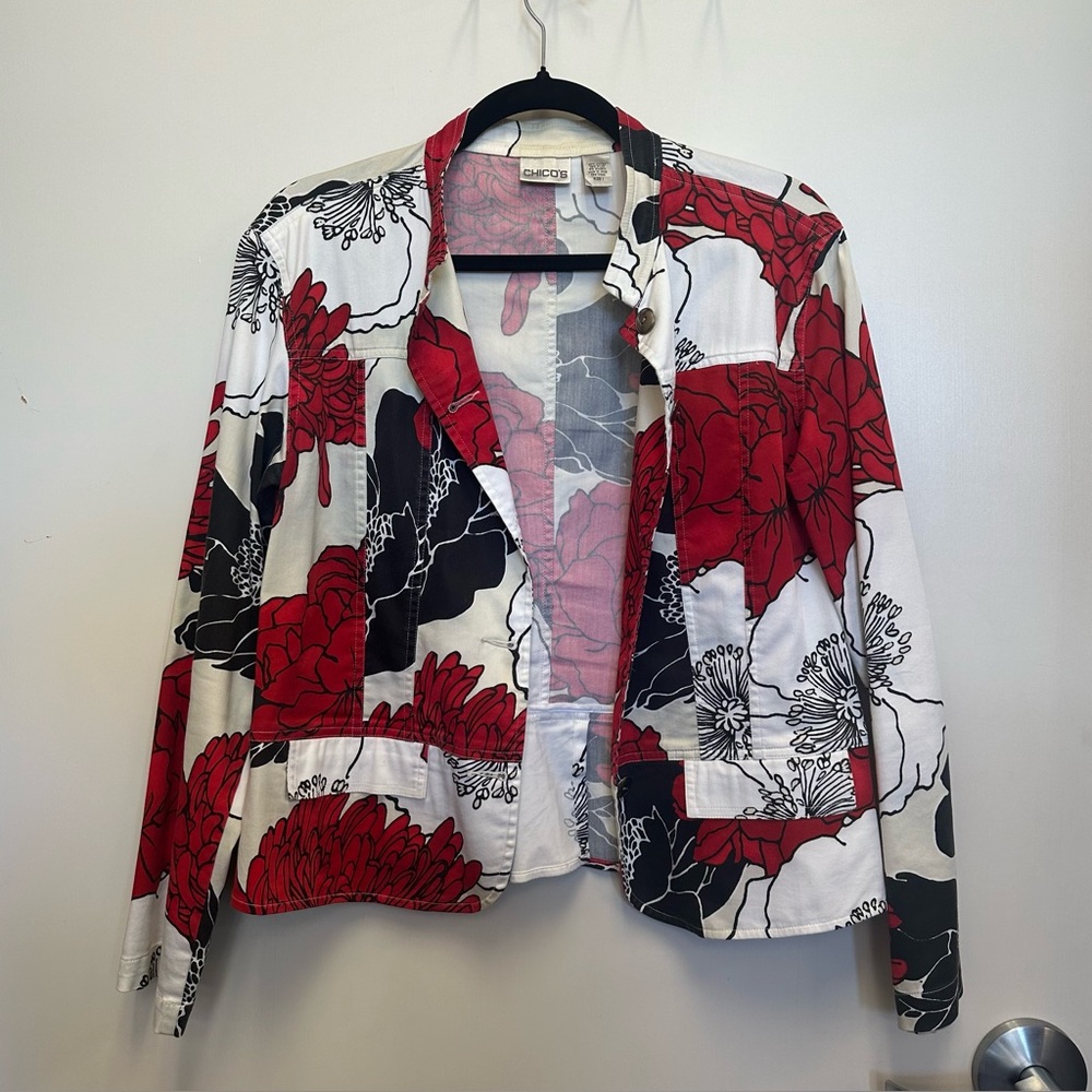 Chico's Red and Black Floral Blazer